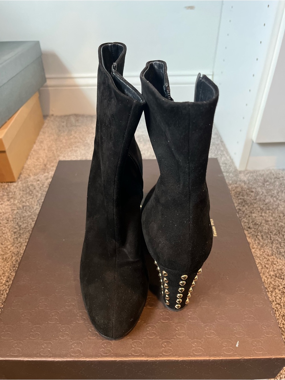 Gucci Black Suede Ankle Boots with Gold Stud Heel Accents